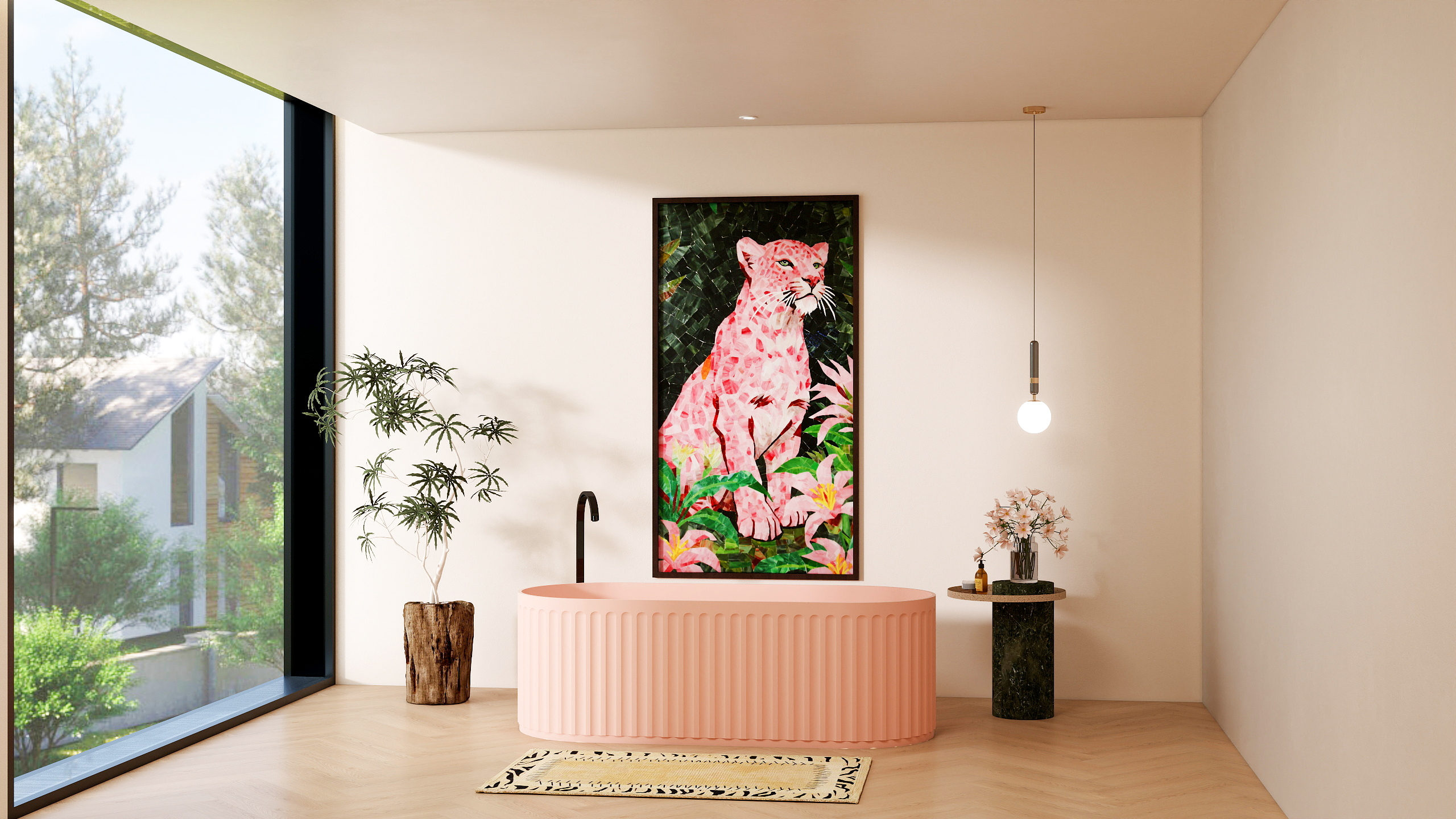 BZ28-05 "Pink Mist Jungle" Handcrafted Mosaic Artwork